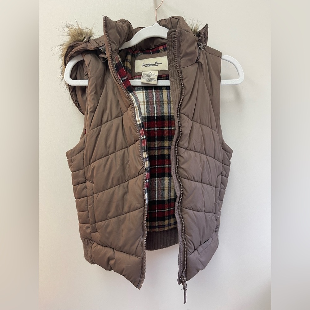 Jonathan Stone Girls Brown Puffer Vest with Faux Fur Hood